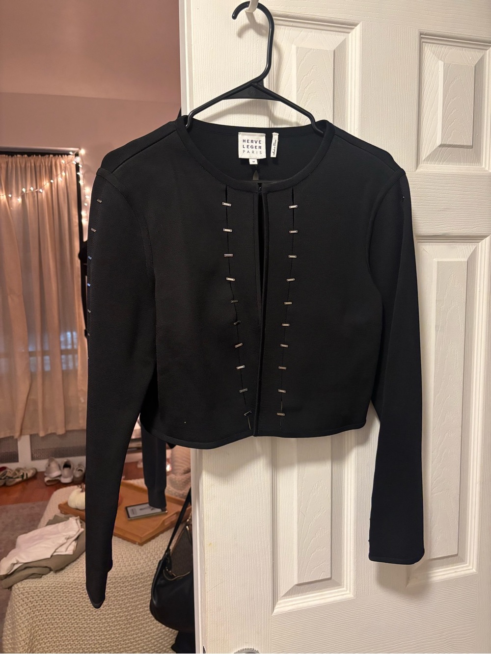 Herve Leger Black Cropped Hook-Front Knit Jacket